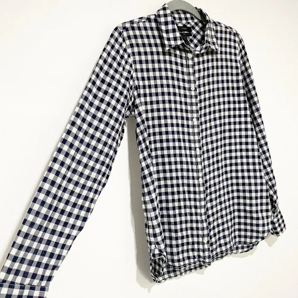 J.Crew White & Navy Plaid Gingham Long Sleeve Button Down 'Boy' Shirt Preppy